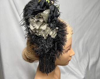 Luxurious Black Ostrich Feather Hair Cip with Black and Antique Gold Vintage Florals, and Edwardian Jet Black Beading. Ready to Ship! OOAK.