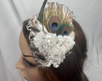 Don’t Be Shy Little Peacock! Hair Clip. Ready to Ship. One of a Kind. White Dreamy Bridal Glamour Wedding Bride Fascinator