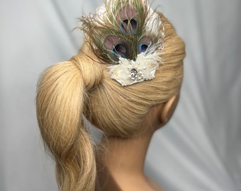 Don’t Be Shy Little Peacock! Hair Clip. Ready to Ship. One of a Kind. White and Cream Dreamy Bridal Glamour Wedding Bride Fascinator