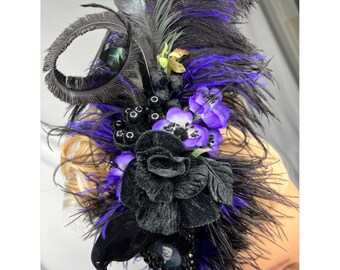 Nevermore Fascinator, Antique Beaded Raven Hair Clip, Purple  display picture 2