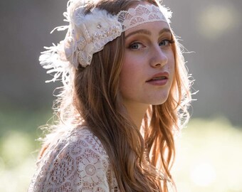 Vintage Lace and Bow Headband by The House of Kat Swank-  Ready to Ship. One of a Kind.