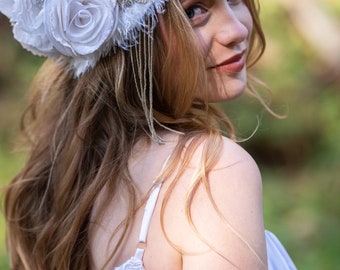 Not your average bride! Rose, Off-White, Vintage Silver Beaded Headdress by Kat Swank. Vintage Florals. Bridal Wedding Headband Headpiece