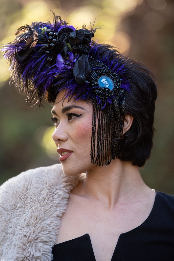 Nevermore Fascinator, Antique Beaded Raven Hair Clip, Purple  display picture 3