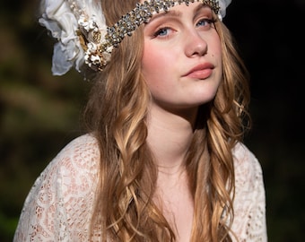 Not your average bride! Ivory, White, and Gold Headdress by Kat Swank. Vintage Florals. Bridal Wedding Headband  Headpiece