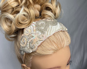 Handmade Off-White, Blush & Silver Headband, Repurposed 1950s’ Beaded Appliqué Vintage