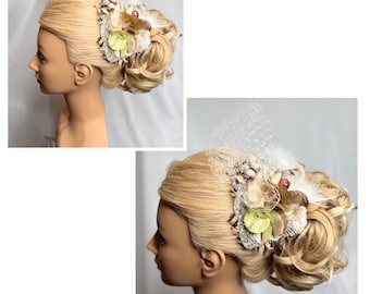 White Peacock Feather Fascinator Hair Clip~ soft vintage florals in taupe & beige with a hint of pale green~ birdcage veil sold separately.