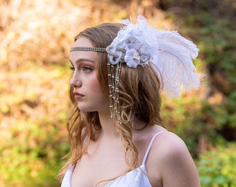 Not your average bride! White and Silver  Headdress by Kat Swank. Vintage Florals & Beading. Bridal Wedding Headband  Headpiece