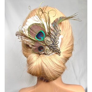 Hair Clip, Bridal- White Gray Silver- Don’t Be Shy Little Peacock! By The House of Kat Swank. Ready to Ship. One of a Kind Bridal Headpiece