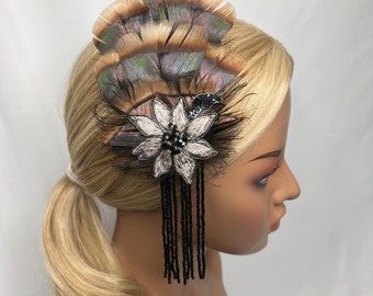 Bronze, Black, and Metallic Gray Beaded Feather Hair Clip.