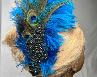 Don’t Be Shy Little Peacock by Kat Swank-  Ready to Ship. Hair Clip. Boho Flapper Speakeasy. OOAK. Turquoise Blue Green