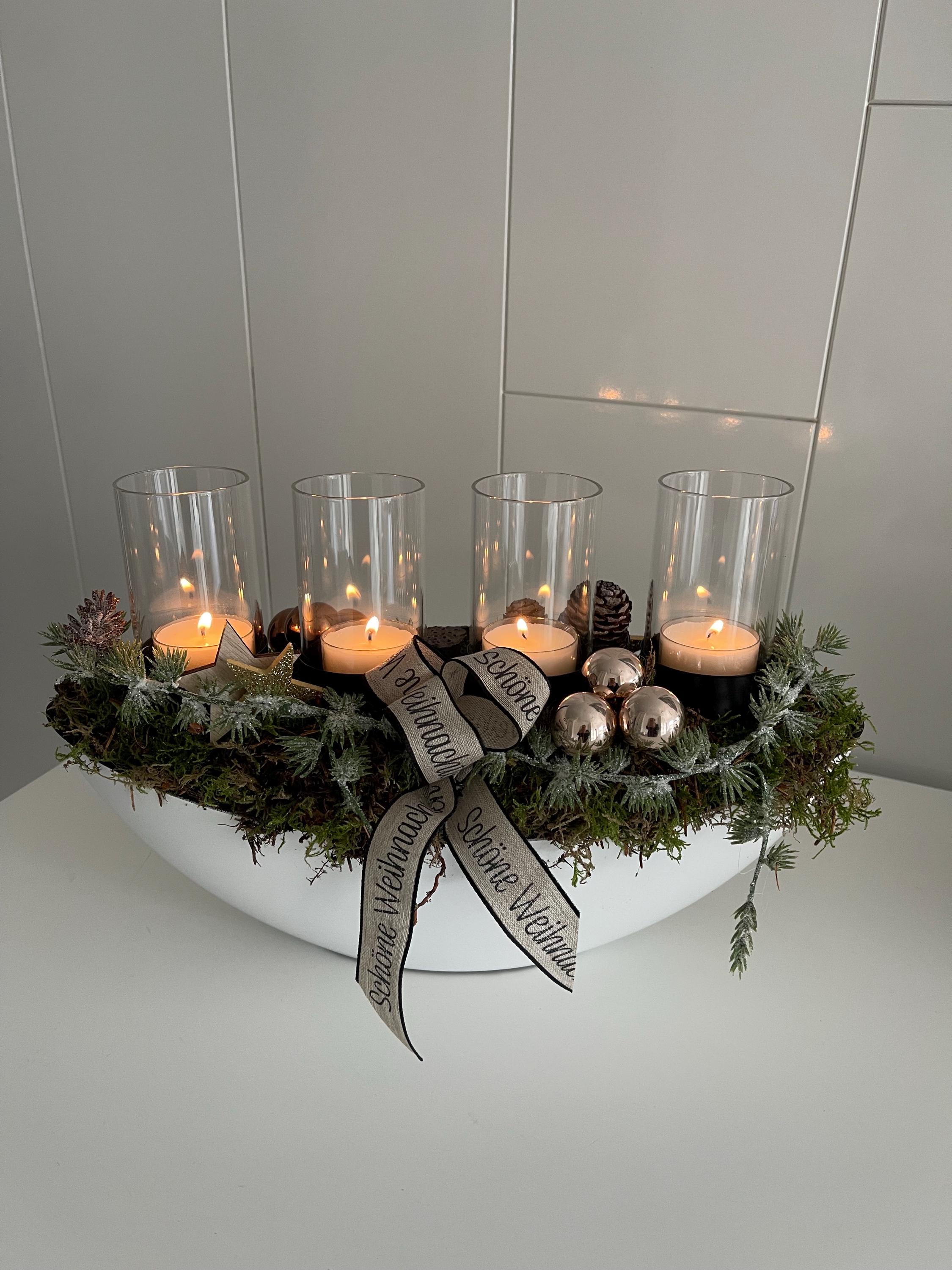Adventskranz Braun/Weià 35cm Adventskränze Weihnachtskränze Kerzen Kranz Sterne Kugeln Teelichthalter Glas