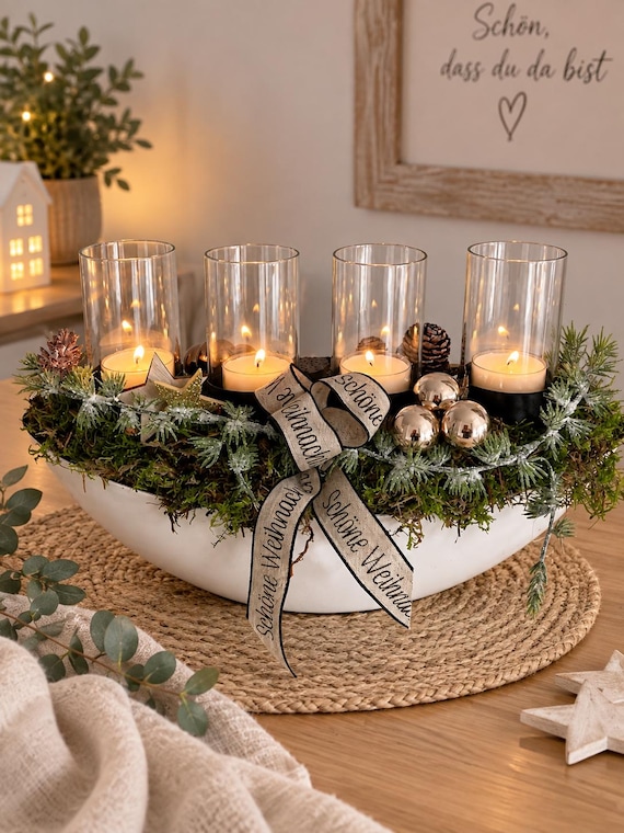 Adventskranz Braun/Weiß 35cm Adventskränze Weihnachtskränze Kerzen Kranz Sterne Kugeln Teelichthalter Glas