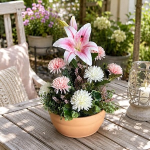 Grabgesteck XXL 50cm Urnengrab Lilie Chrysantheme Grabgesteck Tonschale Tischgesteck Blumengesteck Rosen Seidenblumen Seidengesteck
