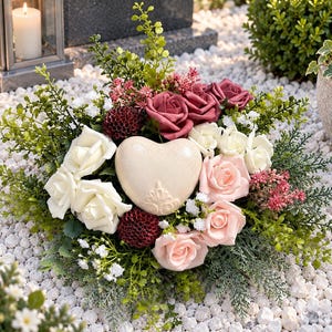 Grabschmuck Herz D40cm Urnengrab Grabgesteck Schale Tischgesteck Blumengesteck Rosen Seidenblumen Seidengesteck