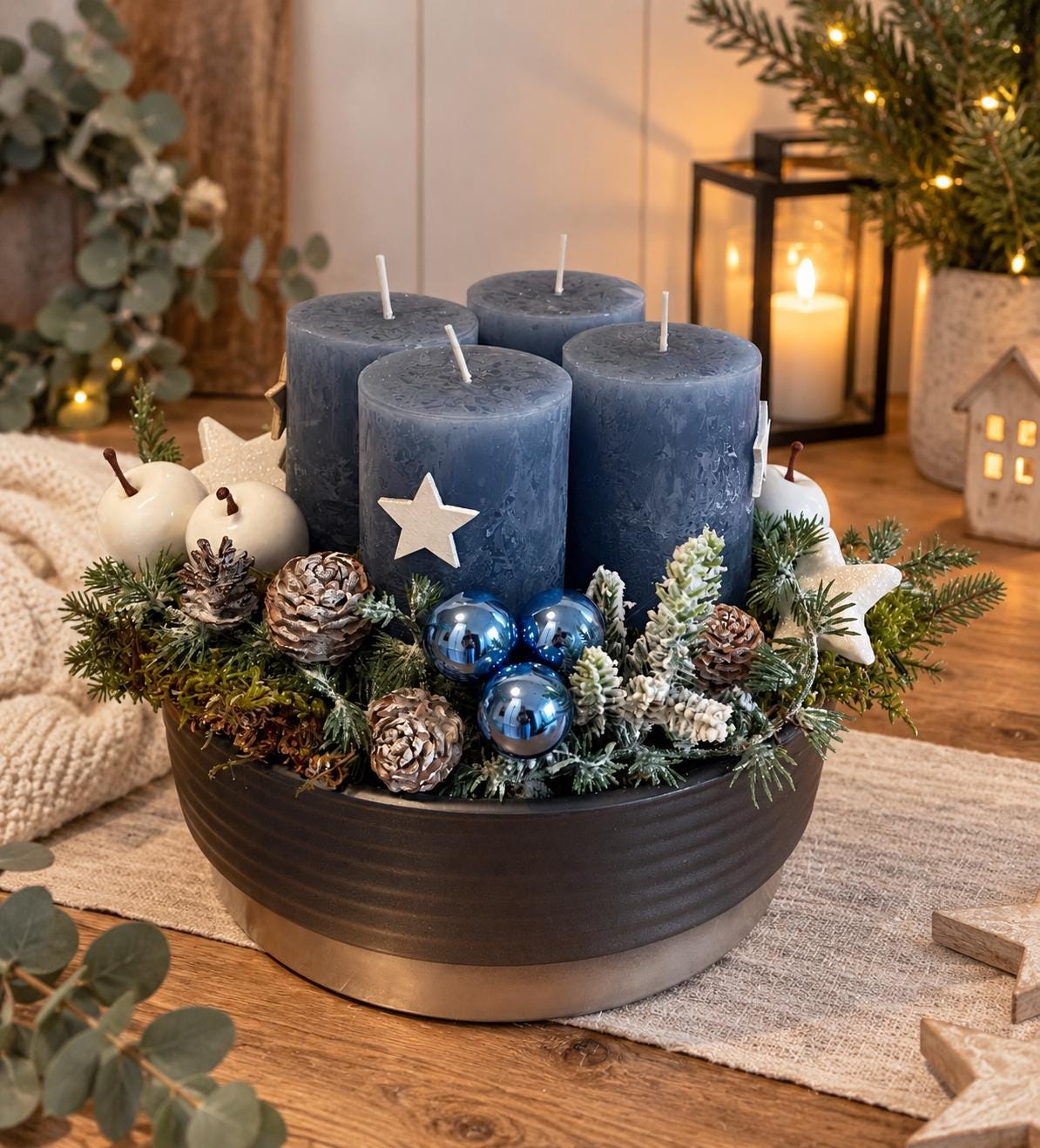 Adventskranz Blau Weiß Schwarz Advent Kranz Adventsgestecke inkl.Kerzen Sterne Kugeln