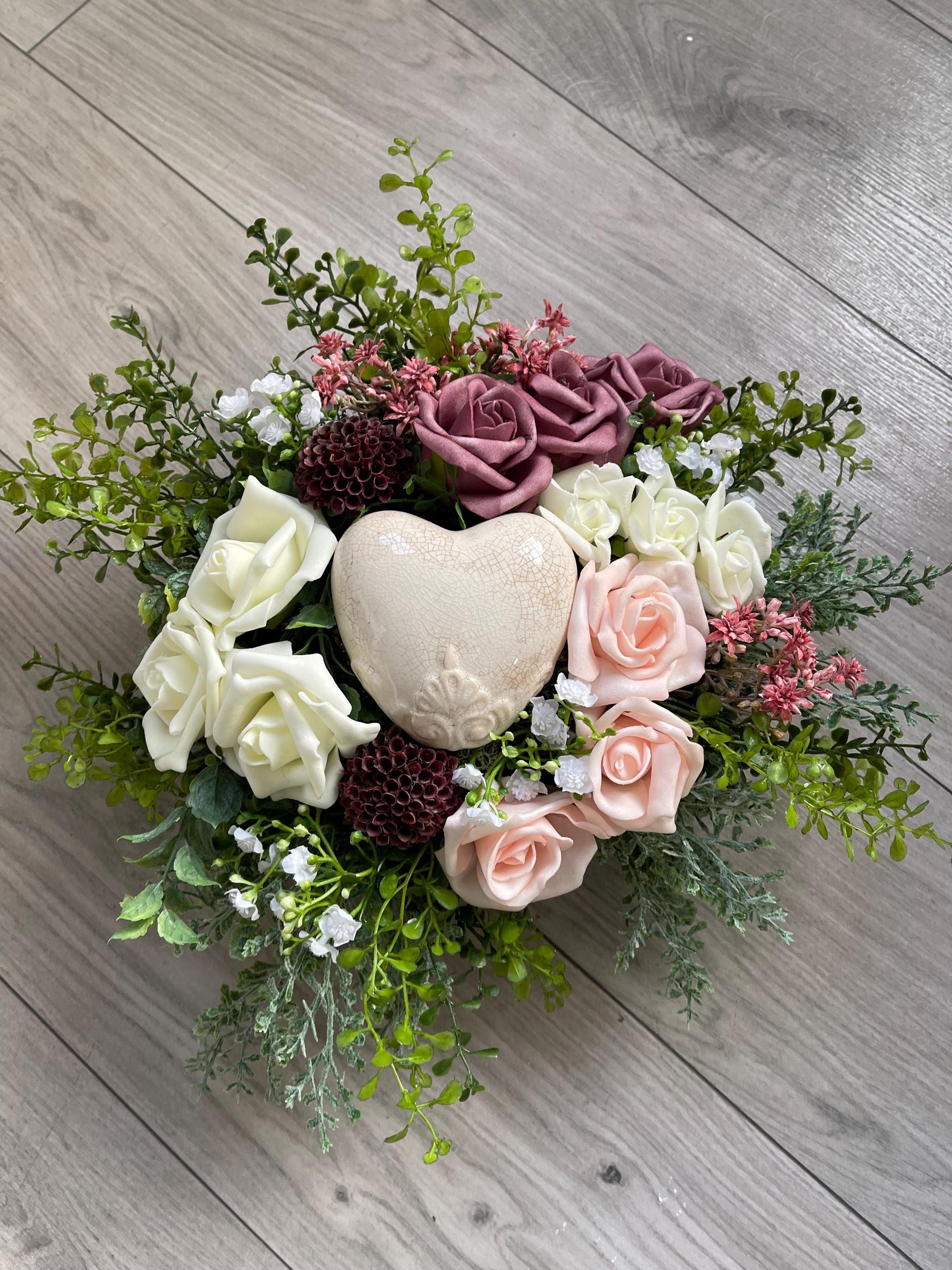 Grabschmuck Herz D35cm Urnengrab Grabgesteck Schale Tischgesteck Blumengesteck Rosen Seidenblumen Seidengesteck