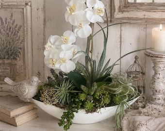 Orquídeas blancas, 40 cm, en arreglo floral en forma de barco, arreglo artificial, realista, estilo campestre, arreglo de cocina, tacto suave real.