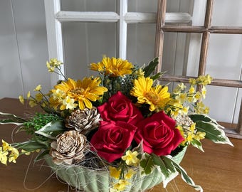 Grabschmuck D40cm Gelb Rot Gerbera Urnengrab Grabgesteck Tonschale Tischgesteck Blumengesteck Rosen Seidenblumen Seidengesteck