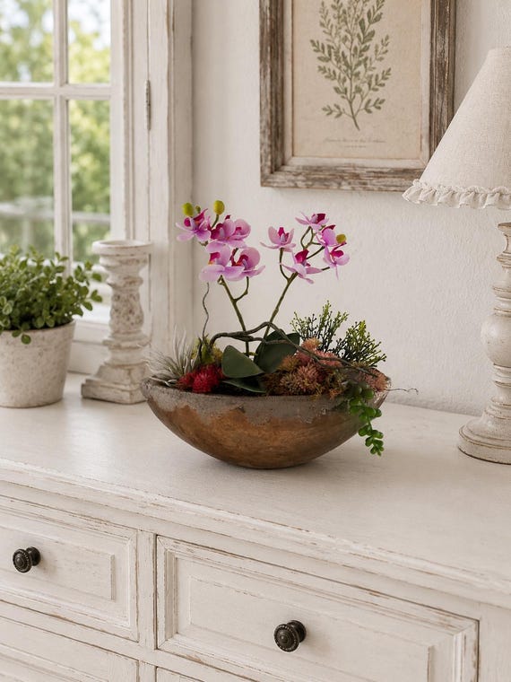 Orchideen 25cm Blumengesteck Lila künstliches Gesteck lebensecht realistisch Landhaus Küche Gesteck