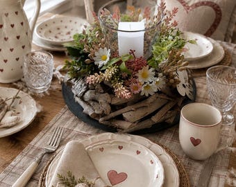 Arreglo floral, portavelas, flores de seda de 30 cm, centro de mesa, corona de madera con plato, arreglo de verano
