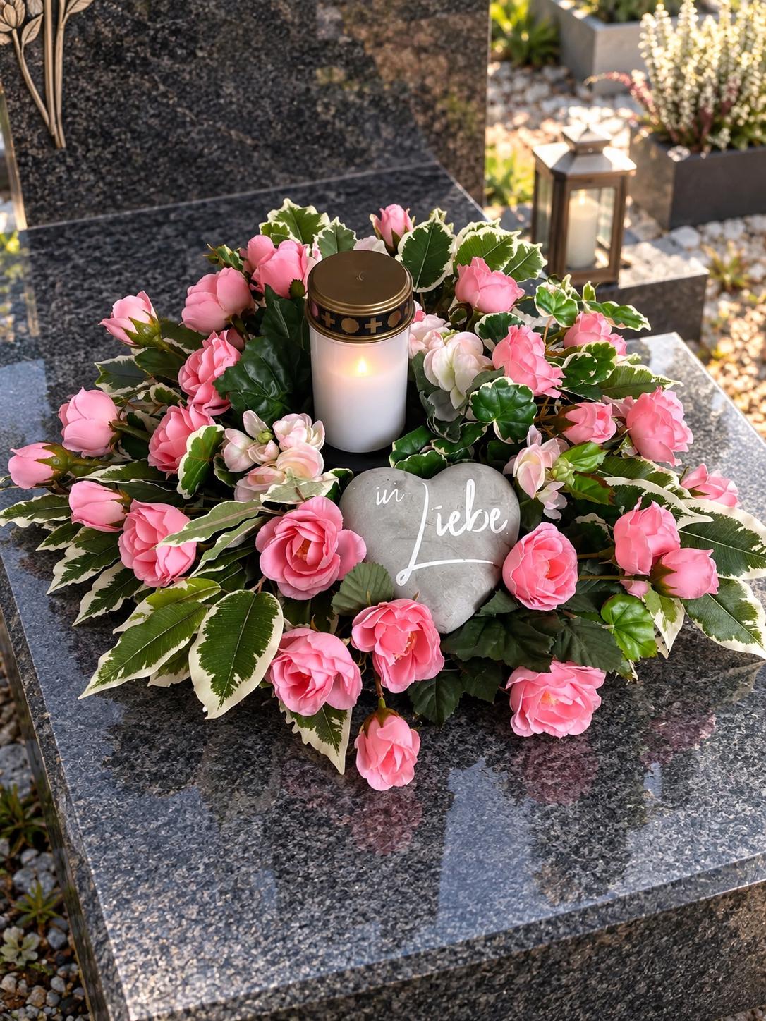 Grabgesteck D50cm Künstlich Grabschmuck Gesteck Urnengrab Friedhof Kunstblumen Grabkerze