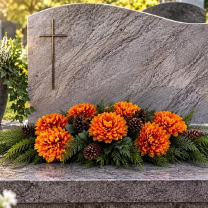 Könnte beinhalten: Ein Grabstein aus Granit mit einem Metallkreuz, begleitet von einem Blumenarrangement aus orangefarbenen Chrysanthemen, Tannenzapfen und grünem Laub. Links steht eine Metalllaterne mit brennender Kerze, flankiert von Topfpflanzen.