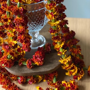May include: A long garland of vibrant marigold flowers in shades of deep red and bright orange, draped around a clear, faceted glass goblet. The flower chain features dense, ruffled petals and green stems, creating a continuous floral strand.