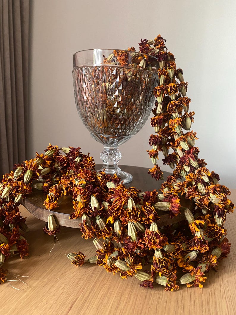 May include: A clear glass goblet with a diamond-cut pattern holds a long, draped garland of dried marigold flowers. The garland features deep orange and dark maroon petals with light green calyxes, cascading from the rim of the glass vessel.