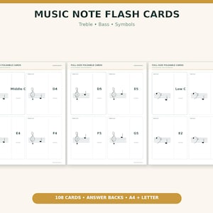 May include: A set of music note flash cards featuring treble, bass, and symbols. The white cards display musical notation on staves with labels like Middle C, D4, D5, E5, Low C, D2, E2, and F2. The text reads Music Note Flash Cards, 108 Cards, Answer Backs, A4 + Letter.