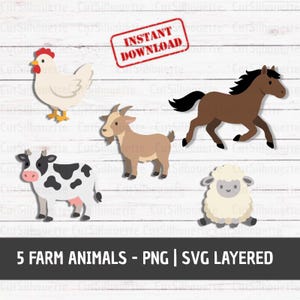 Pode incluir: Gráfico de download digital com cinco animais de fazenda: uma galinha, um cavalo, uma cabra, uma vaca e uma ovelha. A imagem inclui o texto "5 FARM ANIMALS - PNG | SVG LAYERED" e "INSTANT DOWNLOAD".
