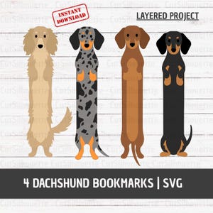 Puede incluir: Cuatro marcapáginas de perro salchicha en varios colores y patrones. Los perros están representados de pie, con cuerpos largos y patas cortas. La imagen incluye un perro salchicha marrón claro, uno gris moteado, uno marrón y uno negro. El texto "4 DACHSHUND BOOKMARKS | SVG" está en la parte inferior.