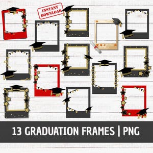 Op de afbeelding: Een collectie van 13 digitale afstudeerfotolijsten in rood, zwart en goud. Elk frame bevat afstudeerhoeden, gouden sterren en vlaggetjes. De tekst INSTANT DOWNLOAD is zichtbaar en 13 GRADUATION FRAMES | PNG staat onderaan de afbeelding.