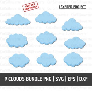 Puede incluir: Una colección digital de nueve ilustraciones de nubes de color azul claro dispuestas en una cuadrícula. La imagen incluye el texto INSTANT DOWNLOAD, LAYERED PROJECT y 9 CLOUDS BUNDLE PNG | SVG | EPS | DXF. Cada nube tiene una forma simple y redondeada.