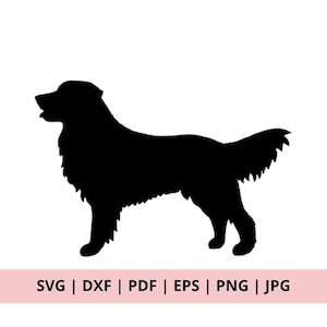 Puede incluir: Silueta negra de un perro Golden Retriever sobre fondo blanco. El perro mira hacia la izquierda, con la cola ligeramente levantada. Texto: SVG | DXF | PDF | EPS | PNG | JPG.