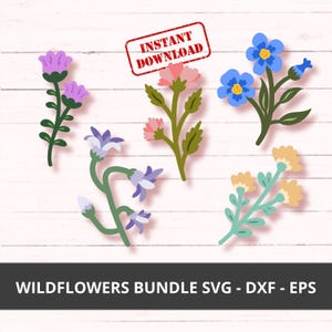 Puede incluir: Una colección de ilustraciones de flores silvestres coloridas en varias formas y tamaños. Las flores incluyen flores moradas, rosas, azules y amarillas con tallos y hojas verdes. Un sello rojo dice "DESCARGA INSTANTÁNEA". El texto "WILDFLOWERS BUNDLE SVG - DXF - EPS" está en la parte inferior.