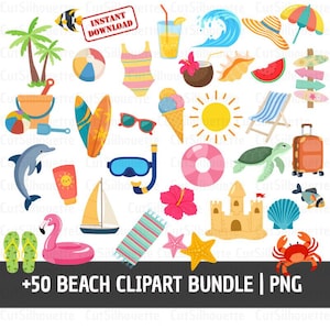 Puede incluir: Una colección de coloridas ilustraciones con temática de playa que incluye palmeras, un traje de baño, una tabla de surf, un delfín, un velero, un castillo de arena, un cangrejo, un sol, una silla de playa, una maleta y varios iconos tropicales con el texto 50 BEACH CLIPART BUNDLE PNG.
