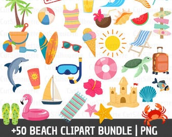 Summer Beach Clipart Bundle Summer PNG Bundle 65 Cliparts Beach Vacation Graphics Tropical Ocean Elements, Surf Clipart, Sublimation Designs