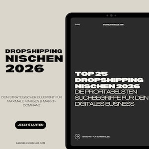 May include: A digital tablet displays the text "DROPSHIPPING NISCHEN 2026" in bold white letters. The tablet also shows "TOP 25 DROPSHIPPING NISCHEN 2026" and other text. The background is a light beige color.
