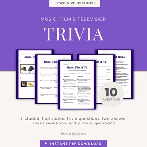 Music, Film & Television Trivia Night | 10 Questions with Quiz and Answer Sheets | Engaging, Creative, Fun!