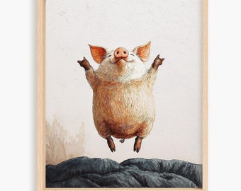 Pig Jumping on Bed Art Print: Whimsical Animal Illustration (8x10 & 11x14)