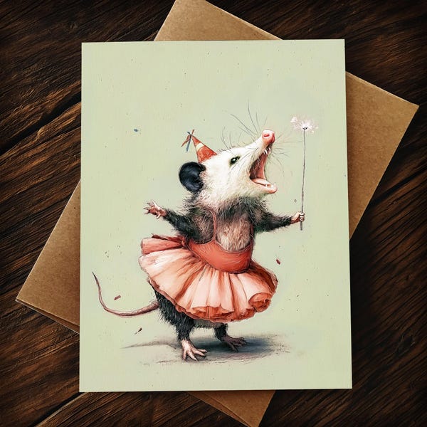 Unhinged Opossum Birthday Card - Whimsical Ballerina Possum in a Pink Tutu with Dandelion Wand