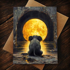 Può includere: Biglietto di auguri con un elefante seduto di fronte a una grande luna gialla brillante. L'elefante è rivolto verso la luna, con un paesaggio roccioso scuro e un arco di pietra sullo sfondo. Il biglietto è su una busta marrone.