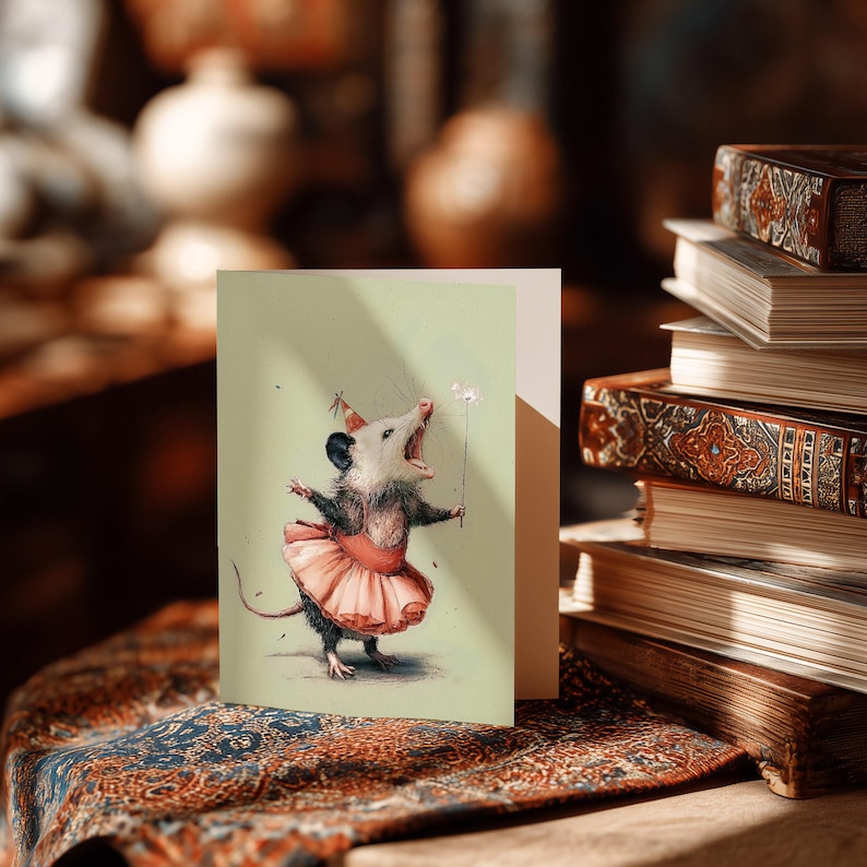 K&ouml;nnte beinhalten: Eine Gru&szlig;karte mit einer Illustration eines Opossums mit Partyhut und rosa Tutu, das einen Zauberstab h&auml;lt. Das Opossum wird mit offenem Mund dargestellt. Die Karte hat einen hellgr&uuml;nen Hintergrund.