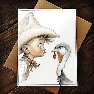 Può includere: Una stampa artistica rettangolare con un'illustrazione dettagliata di una persona che indossa un cappello a tesa larga e un fazzoletto al collo, di fronte a un tacchino con un vistoso bargiglio rosso. Il disegno usa linee sottili e ombre.
