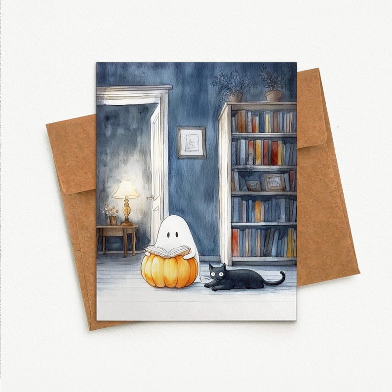 Pu&ograve; includere: Biglietto d'auguri a tema Halloween con un'illustrazione ad acquerello. Un simpatico fantasma legge un libro su una zucca, con un gatto nero nelle vicinanze. Lo sfondo mostra una libreria, una lampada e una porta, in un'atmosfera accogliente.
