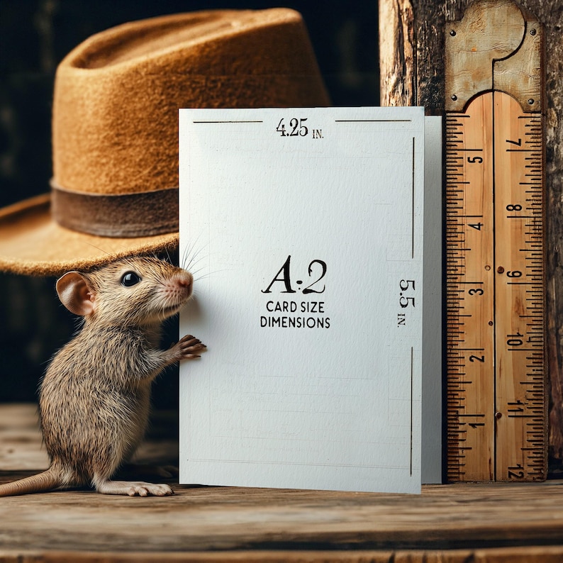 Pu&ograve; includere: Biglietto A-2 con dimensioni di 10,8 x 14 cm, tenuto da un topolino. Un cappello marrone e un righello di legno sono sullo sfondo. Il biglietto recita "CARD SIZE DIMENSIONS".