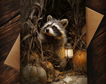 Whimsical Raccoon Halloween Card: Rustic Lantern & Pumpkin Art