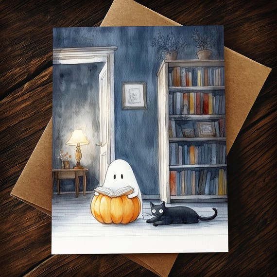 Reading Ghost Cat Halloween Card: Cozy Book Lover Greeting