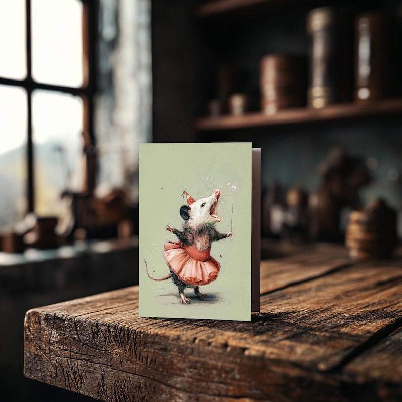 K&ouml;nnte beinhalten: Eine Gru&szlig;karte mit einer Illustration eines Opossums mit Partyhut und rosa Tutu, das einen Zauberstab h&auml;lt. Das Opossum ist mit offenem Mund dargestellt. Die Karte hat einen hellgr&uuml;nen Hintergrund.