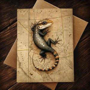 May include: A greeting card featuring a detailed illustration of a lizard with a patterned tail, resting on a vintage map. The lizard has a brown and orange head, a dark body with white spots, and a striped tail. The card is on a wooden surface.